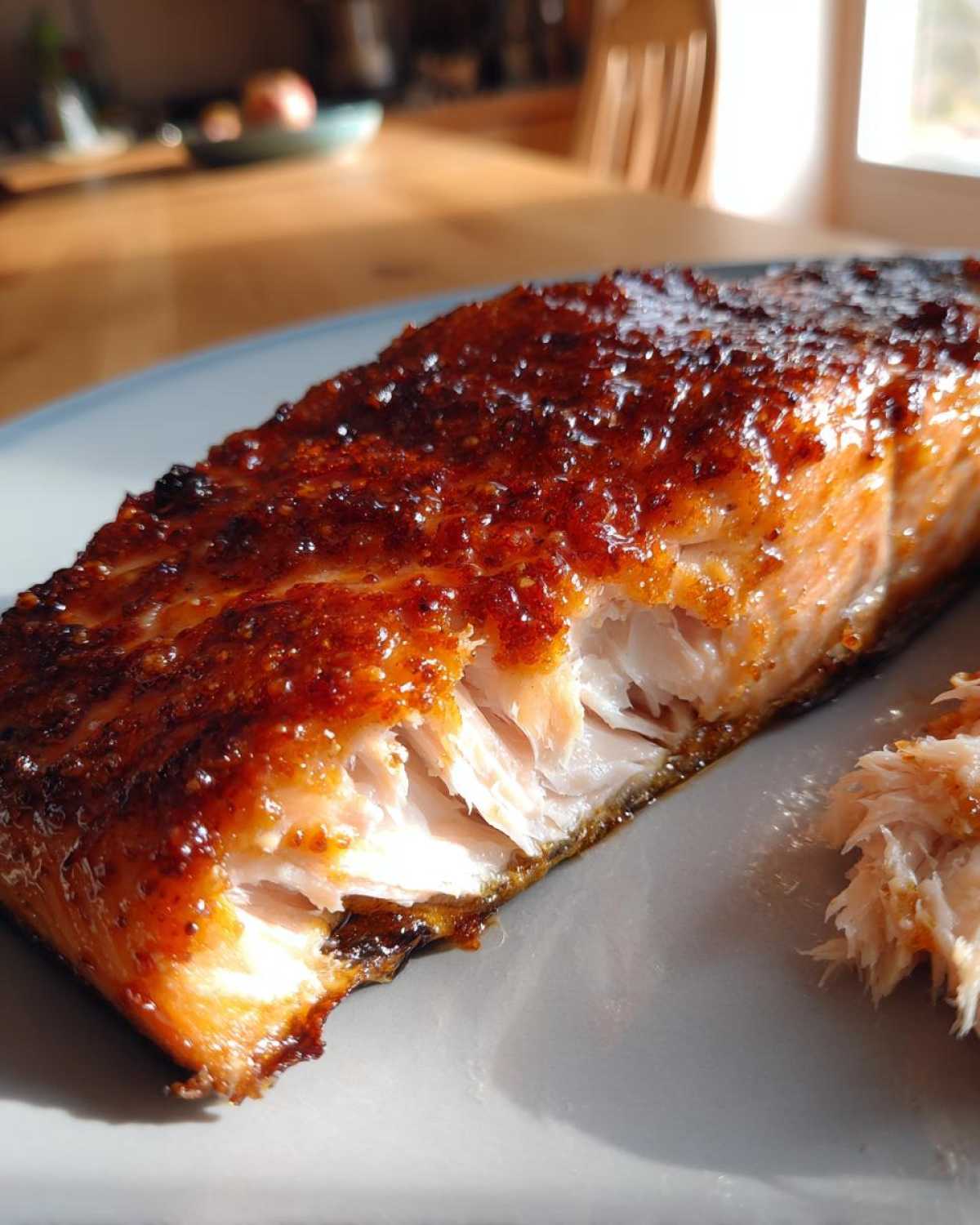 Close-up of a perfectly cooked Grilled Honey Mustard Salmon fillet showing flaky white interior and caramelized glaze.