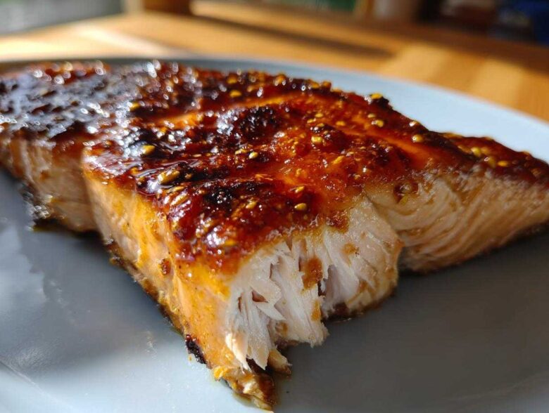 Close-up of a flaky Grilled Honey Mustard Salmon fillet with a shiny, caramelized glaze and visible mustard seeds.