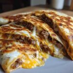 Close-up of perfectly grilled Ground Beef Quesadillas cut into wedges, showing melted cheese oozing out with seasoned ground beef filling.