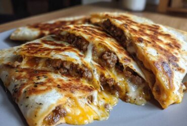 Close-up of perfectly grilled Ground Beef Quesadillas cut into wedges, showing melted cheese oozing out with seasoned ground beef filling.