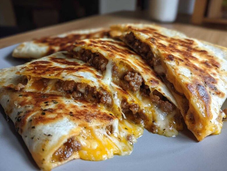Close-up of perfectly grilled Ground Beef Quesadillas cut into wedges, showing melted cheese oozing out with seasoned ground beef filling.