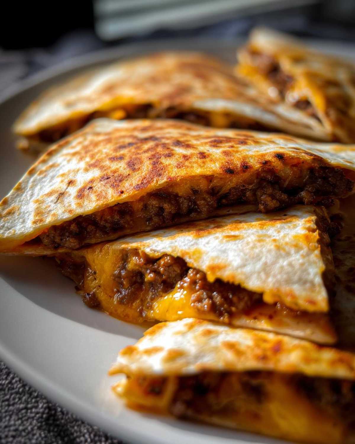 Close-up of crispy, golden-brown Ground Beef Quesadillas cut into triangles, showing melted cheese and seasoned ground beef filling.