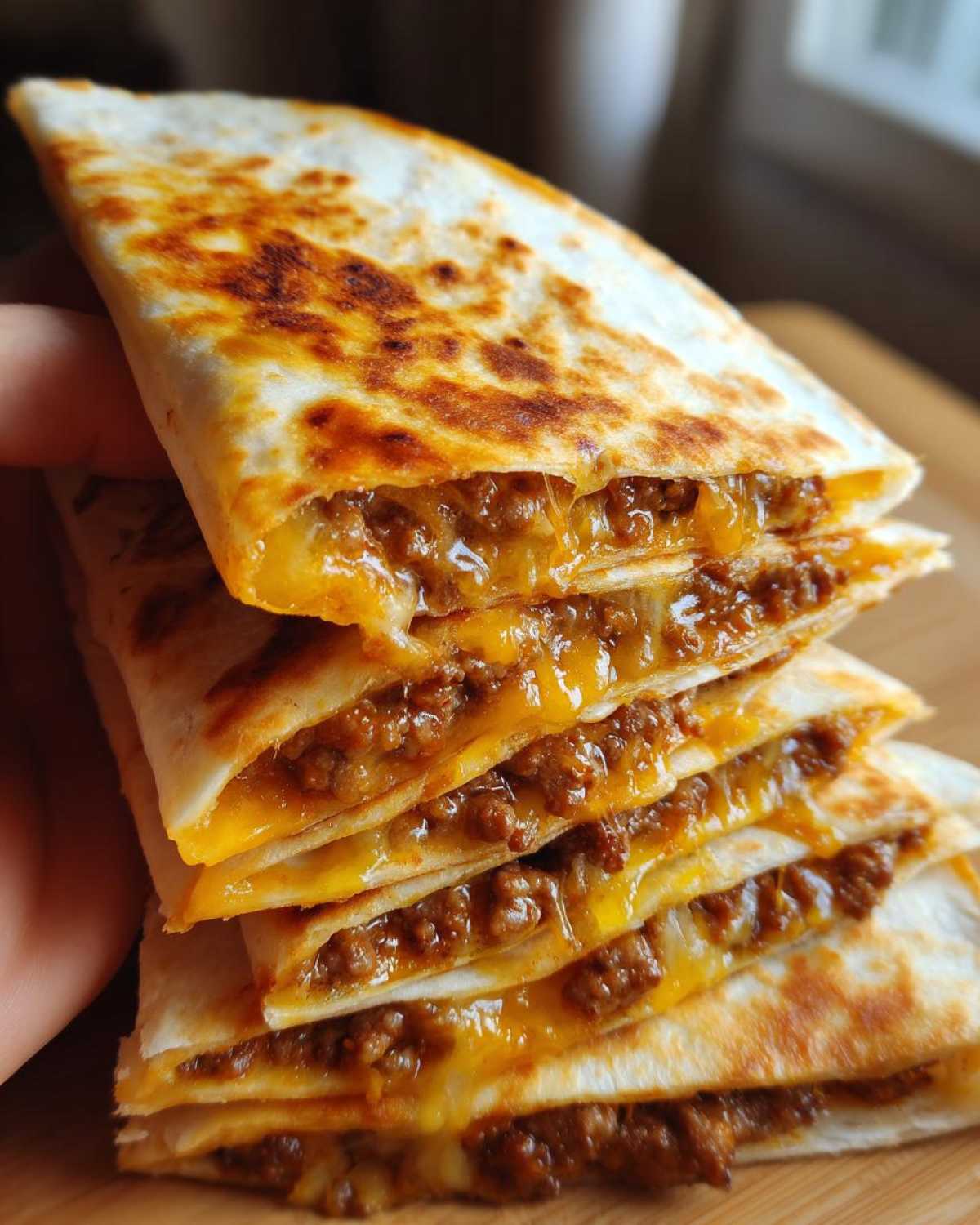 A stack of golden-brown, crispy Ground Beef Quesadillas slices oozing with melted cheddar cheese.