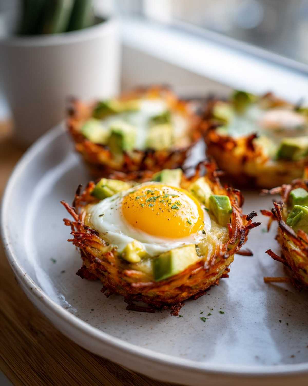 A close-up of freshly baked Hash Brown Avocado Egg Cups served on a light speckled plate.