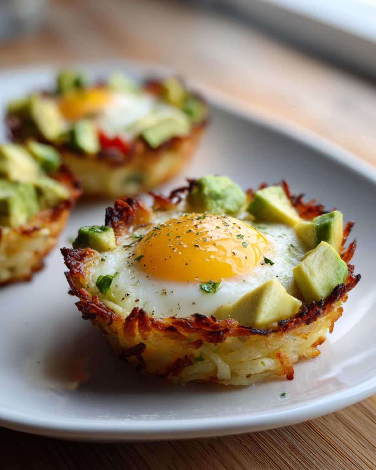 A close-up of a perfectly baked Hash Brown Avocado Egg Cup featuring a sunny-side-up egg and diced avocado.