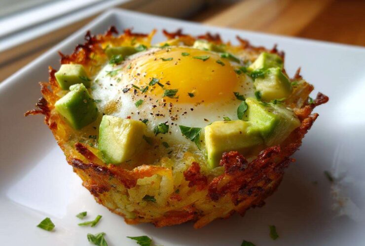 A single, crispy Hash Brown Avocado Egg Cup featuring a baked egg topped with diced avocado and herbs.