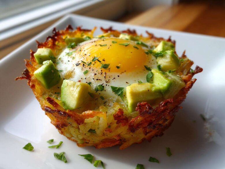 A single, crispy Hash Brown Avocado Egg Cup featuring a baked egg topped with diced avocado and herbs.