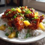 A plate of glazed Hawaiian Chicken served over white coconut rice, garnished with pineapple chunks and green onions.