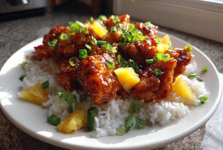 A plate of glazed Hawaiian Chicken served over white coconut rice, garnished with pineapple chunks and green onions.