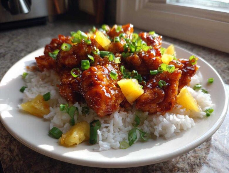 A plate of glazed Hawaiian Chicken served over white coconut rice, garnished with pineapple chunks and green onions.