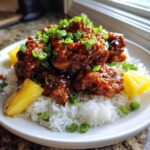A plate of sticky, glazed Hawaiian Chicken served over fluffy coconut rice, garnished with pineapple chunks and green onions.