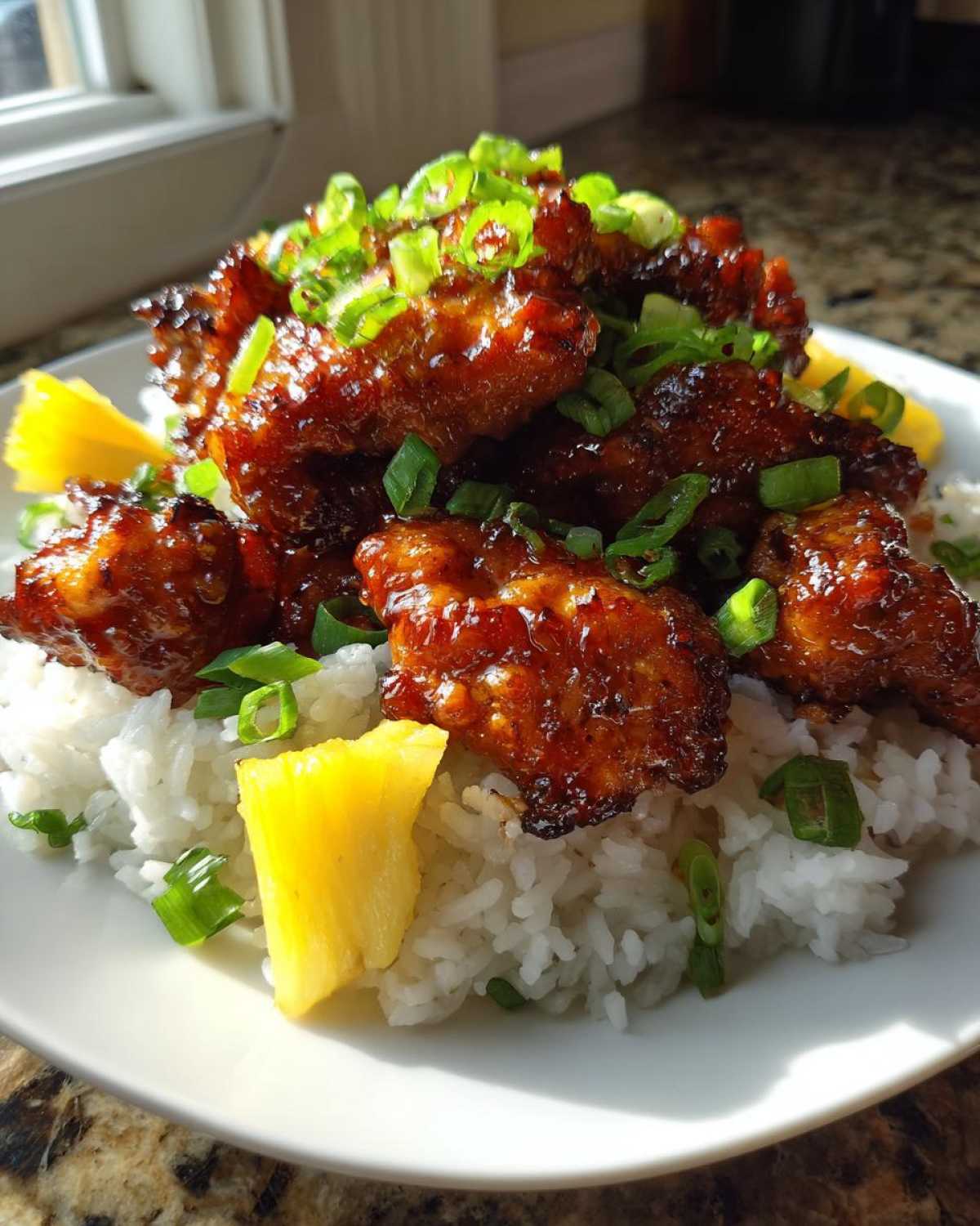 Close-up of glazed Hawaiian chicken served over fluffy coconut rice, garnished with pineapple and green onions.