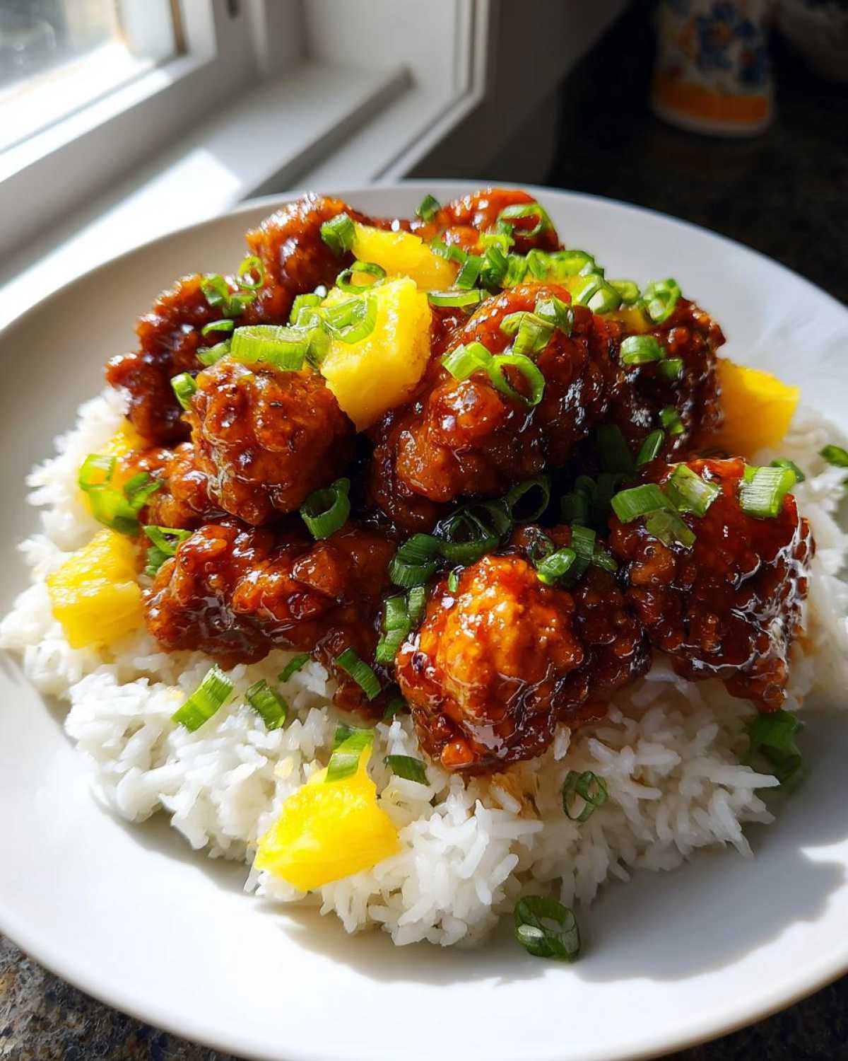 A plate of glistening Hawaiian Chicken with Coconut Rice, topped with pineapple chunks and green onions.