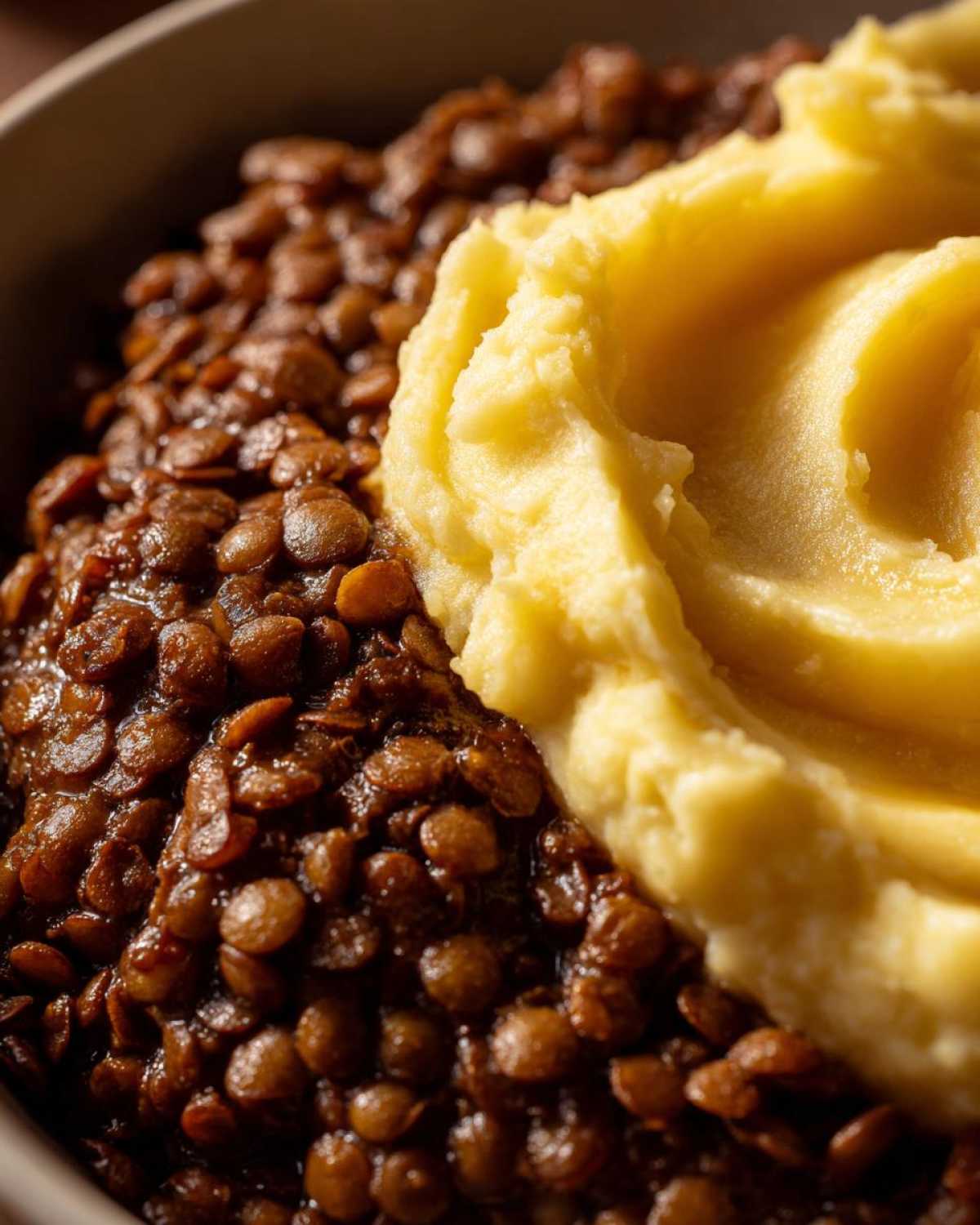 Close-up of Hearty Lentil Stew with Creamy Mashed Potatoes served in a bowl.