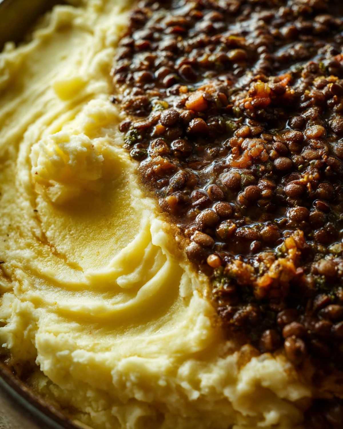 Close-up of rich Hearty Lentil Stew poured over creamy mashed potatoes, showing texture.