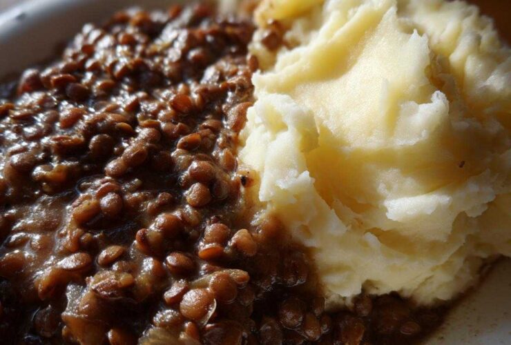 Close-up of a serving of Hearty Lentil Stew with Creamy Mashed Potatoes on a white plate.