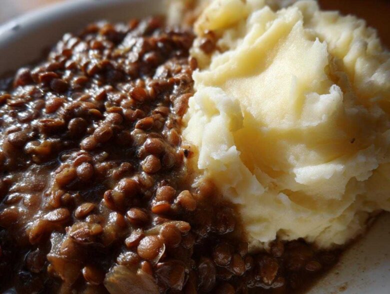 Close-up of a serving of Hearty Lentil Stew with Creamy Mashed Potatoes on a white plate.