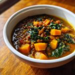 Close-up of a white bowl filled with Hearty Vegetable Lentil Soup, featuring brown lentils, bright orange squash chunks, and dark green kale.