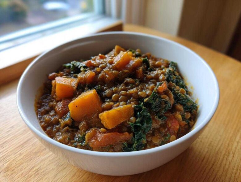 A close-up of a white bowl filled with Hearty Vegetable Lentil Soup featuring visible lentils, chunks of orange squash, and dark green kale.