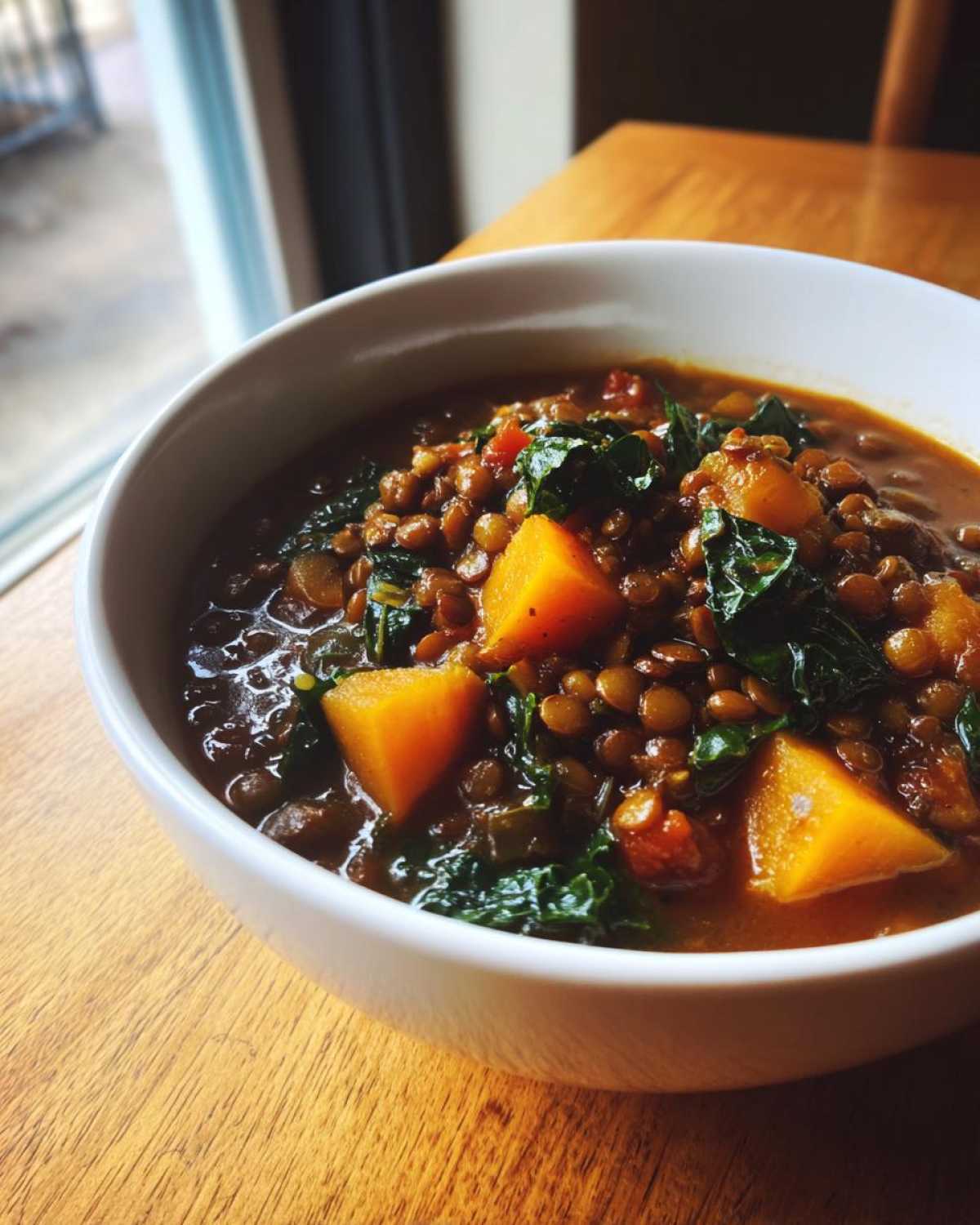 Close-up of a white bowl filled with Hearty Vegetable Lentil Soup featuring brown lentils, bright orange squash chunks, and dark green kale.
