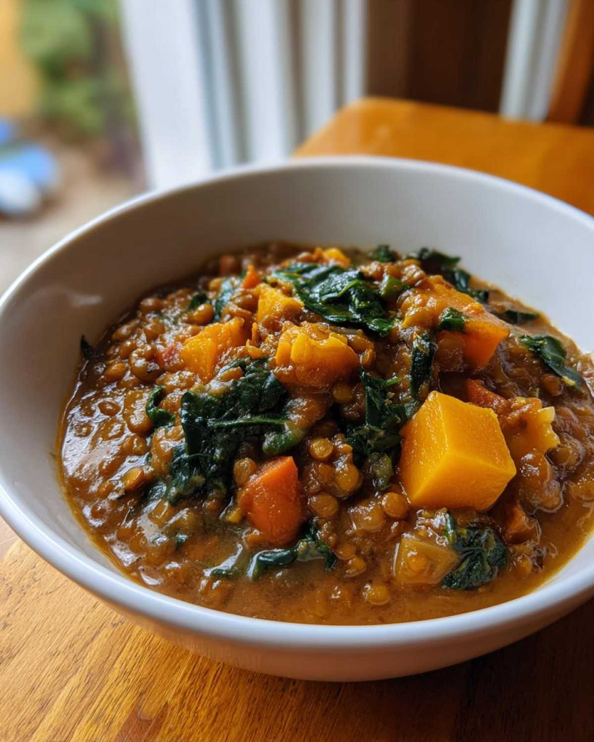 Close-up of a white bowl filled with Hearty Vegetable Lentil Soup featuring chunks of orange squash and dark green kale.