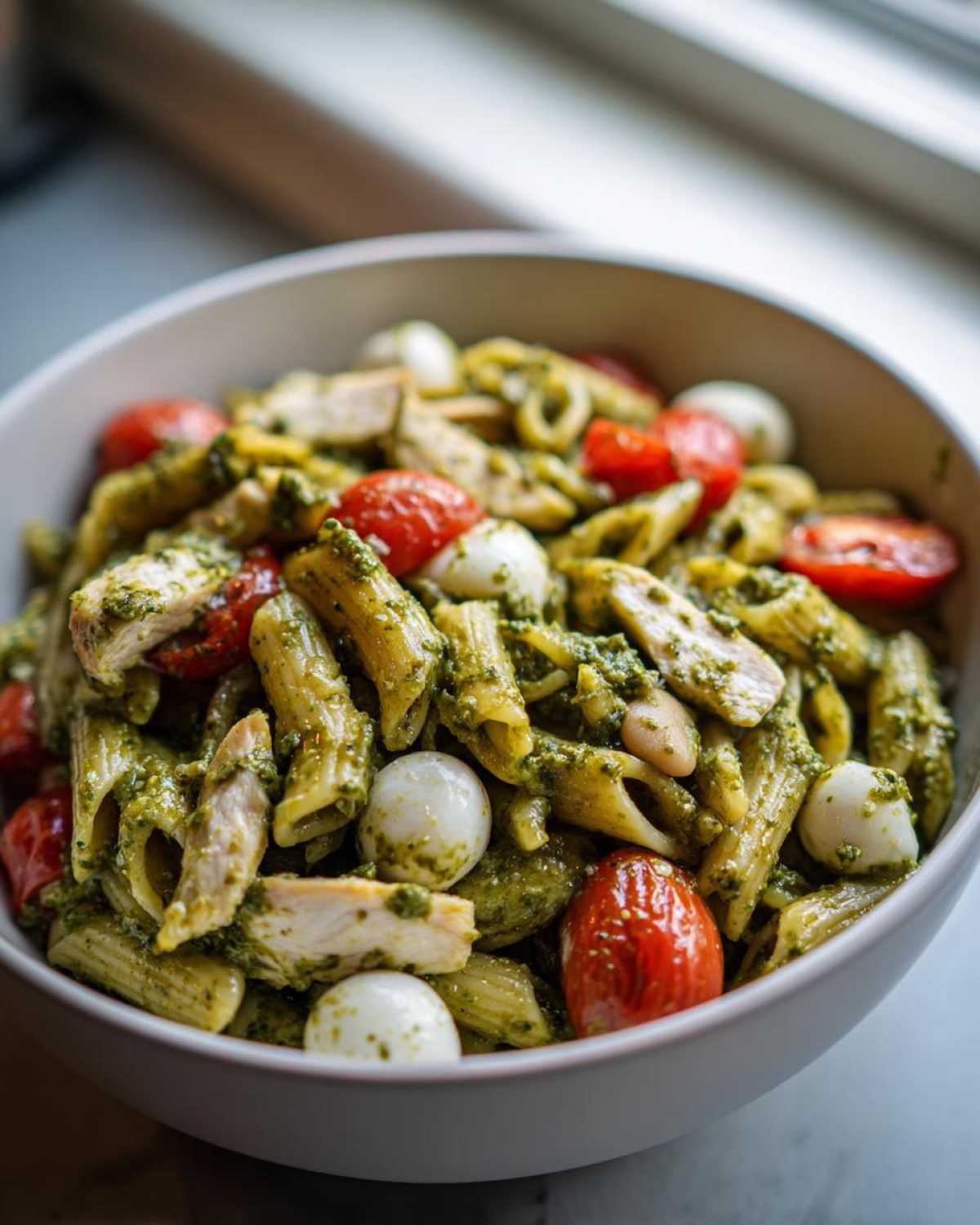 Close-up of a bowl filled with High Protein Caprese Pasta Salad featuring penne, pesto, chicken, cherry tomatoes, and mozzarella balls.