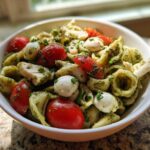 Close-up of a bowl of High Protein Caprese Pasta Salad featuring pasta shells, cherry tomatoes, mozzarella balls, and chicken coated in pesto.