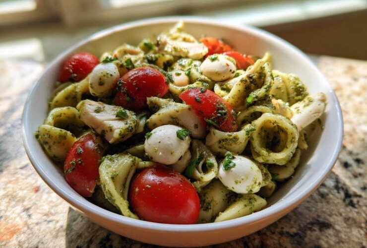 Close-up of a bowl of High Protein Caprese Pasta Salad featuring pasta shells, cherry tomatoes, mozzarella balls, and chicken coated in pesto.