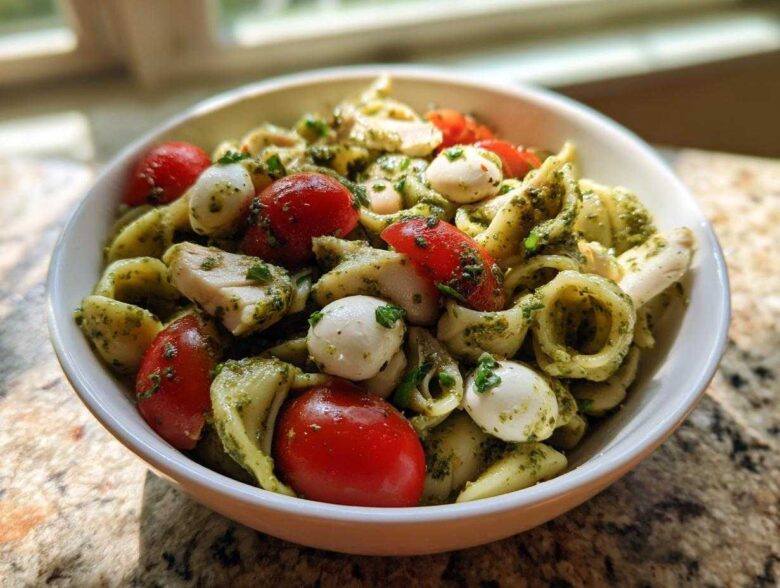Close-up of a bowl of High Protein Caprese Pasta Salad featuring pasta shells, cherry tomatoes, mozzarella balls, and chicken coated in pesto.