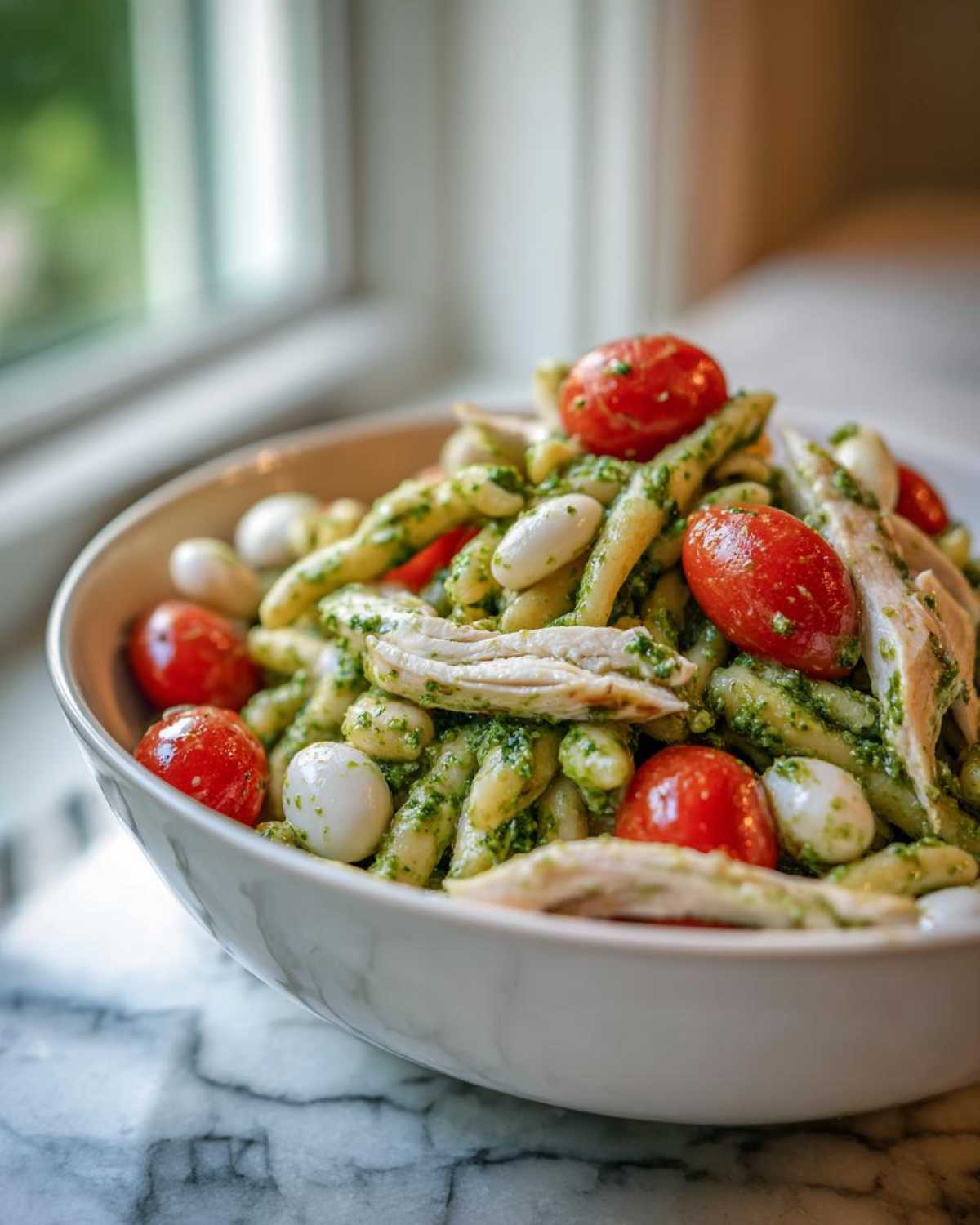 Close-up of High Protein Caprese Pasta Salad featuring pasta, sliced chicken, cherry tomatoes, mozzarella balls, and pesto.