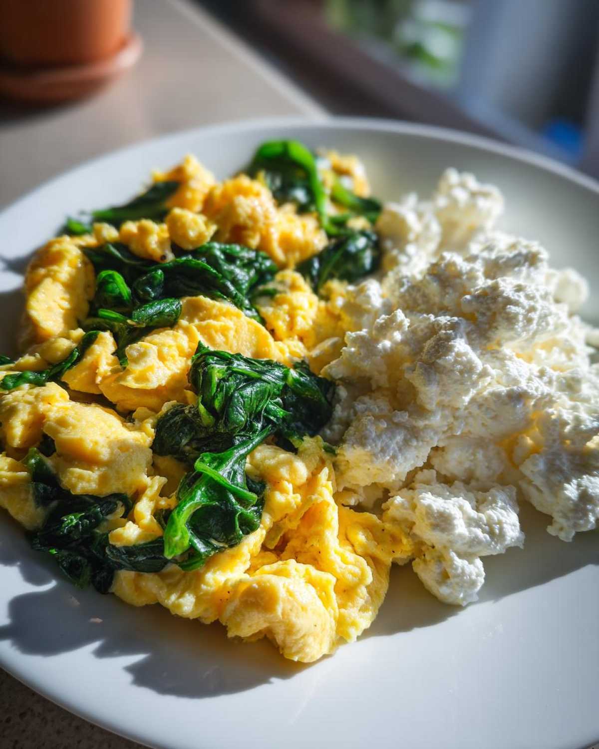 A high protein breakfast plate featuring scrambled eggs mixed with wilted spinach next to a serving of cottage cheese.