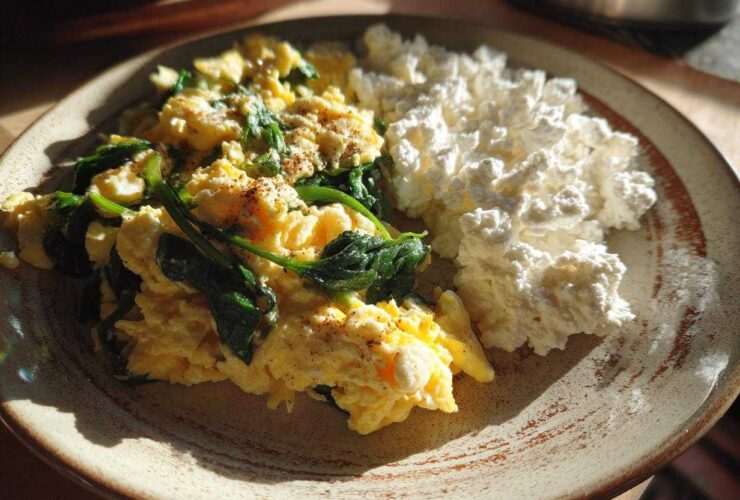 A plate featuring scrambled eggs with spinach and a serving of cottage cheese, part of a What I Eat Daily for High Protein Fat Loss meal.