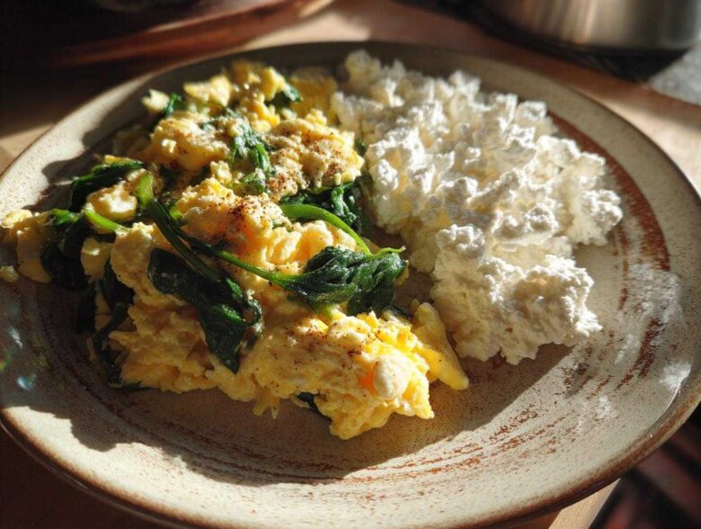 A plate featuring scrambled eggs with spinach and a serving of cottage cheese, part of a What I Eat Daily for High Protein Fat Loss meal.