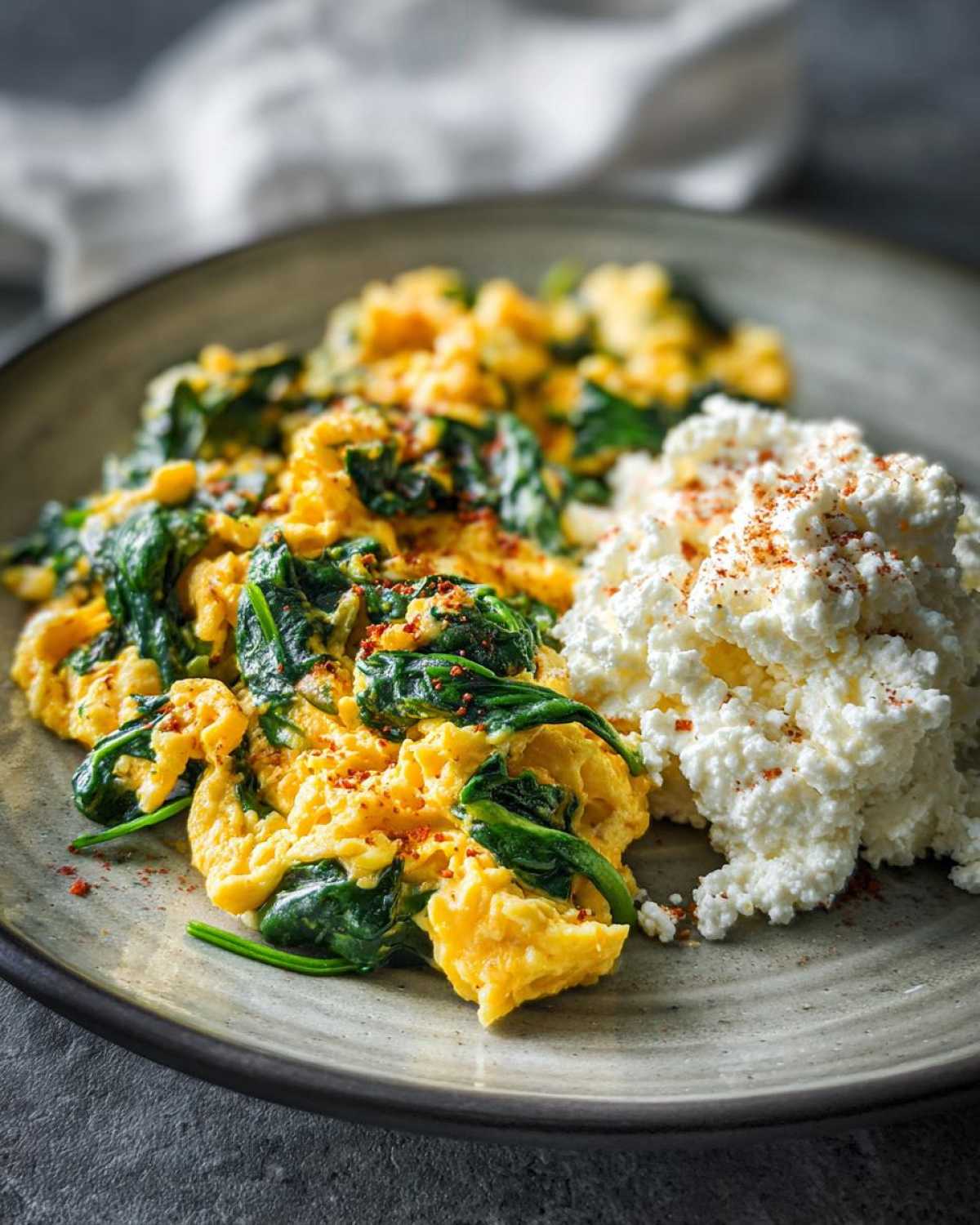 Plate of scrambled eggs with spinach served next to cottage cheese, part of a high protein fat loss meal.