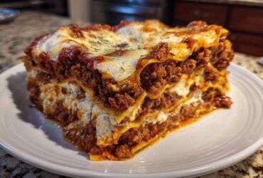 A thick, multi-layered slice of Homemade Classic Beef Lasagna showing rich meat sauce and melted cheese.