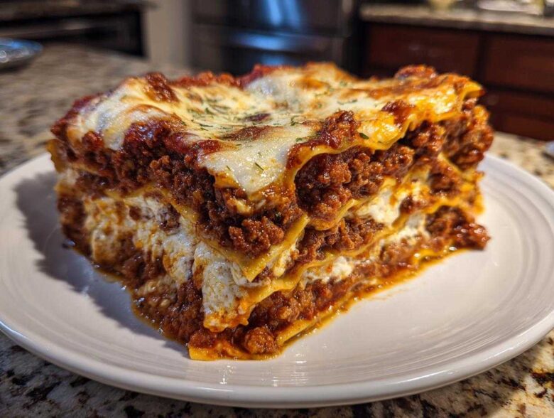 A thick, multi-layered slice of Homemade Classic Beef Lasagna showing rich meat sauce and melted cheese.