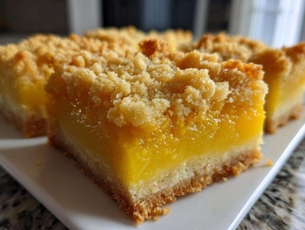 Close-up of thick, bright yellow Homemade Lemon Crumb Bars with a thick, golden crumb topping.