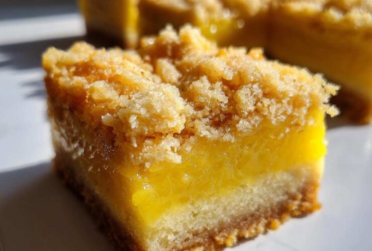 A close-up, featured shot of a square of Homemade Lemon Crumb Bars showing the thick, bright yellow filling and crumbly topping.