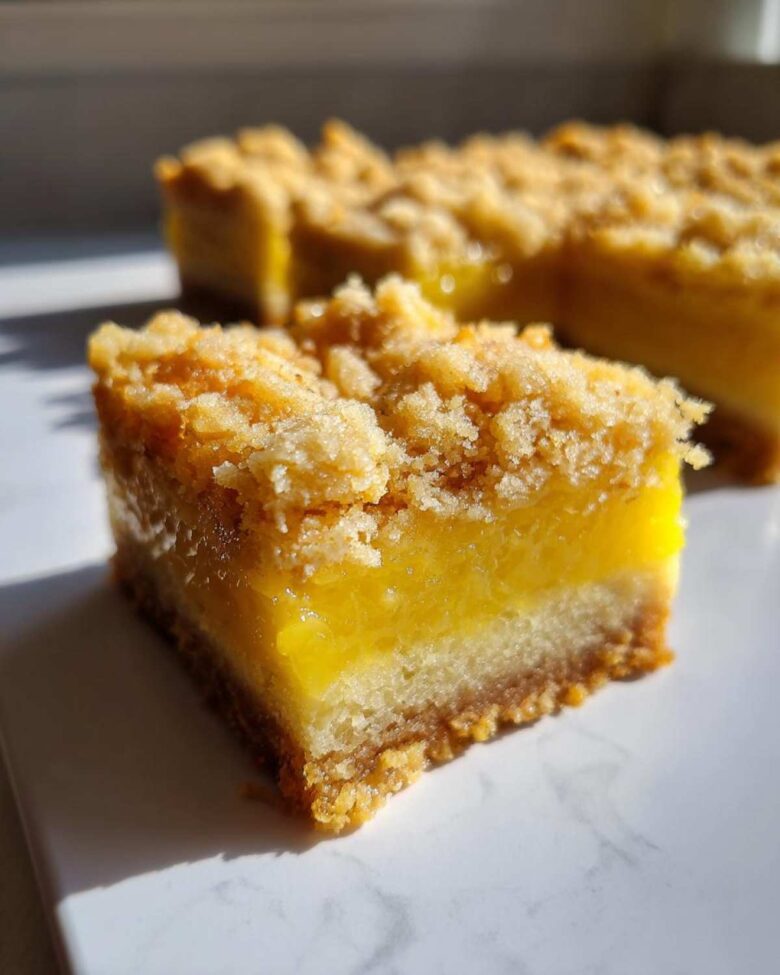A close-up, featured shot of a square of Homemade Lemon Crumb Bars showing the thick, bright yellow filling and crumbly topping.
