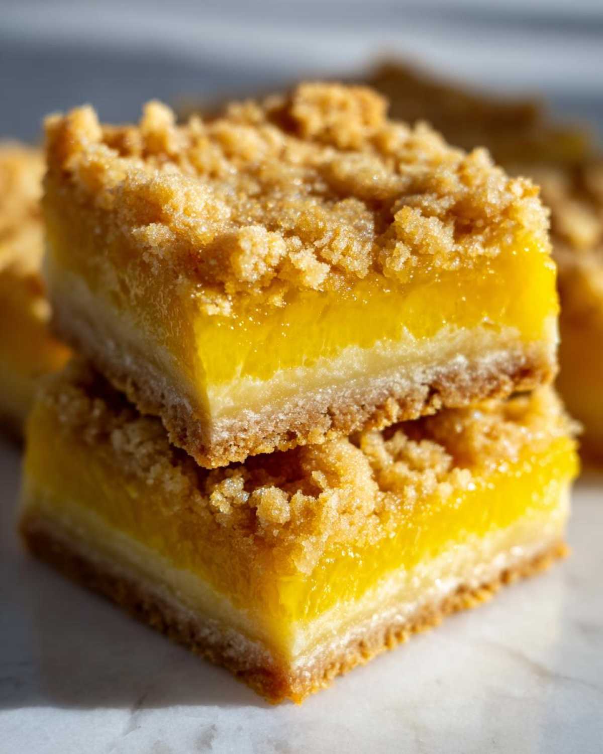 Two stacked squares of Homemade Lemon Crumb Bars showing the bright yellow filling and crumbly topping.