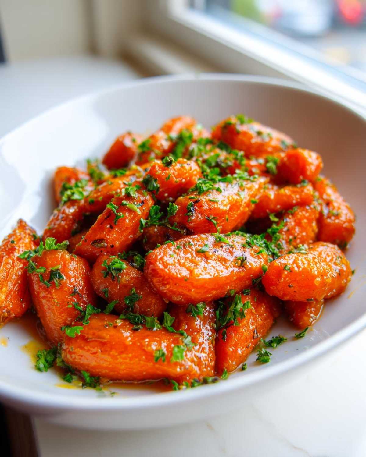 Close-up of glossy Honey Garlic Butter Roasted Carrots topped with fresh parsley in a white serving bowl.