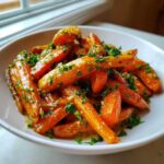 Close-up of glistening Honey Garlic Butter Roasted Carrots topped with fresh parsley in a white serving bowl.