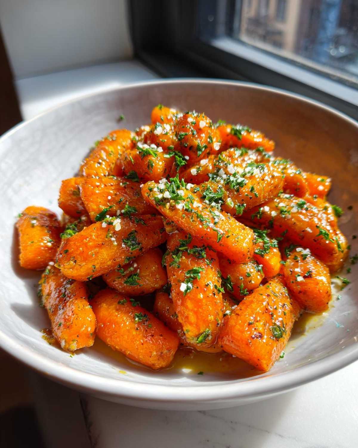 A close-up of glazed Honey Garlic Butter Roasted Carrots, topped with fresh parsley and flaky salt.