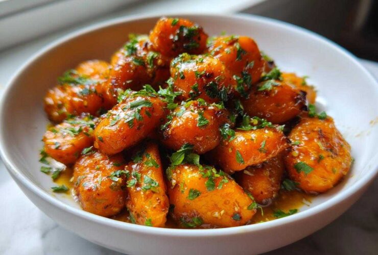 Close-up of bright orange Honey Garlic Butter Roasted Carrots coated in a sticky glaze and sprinkled with fresh parsley.