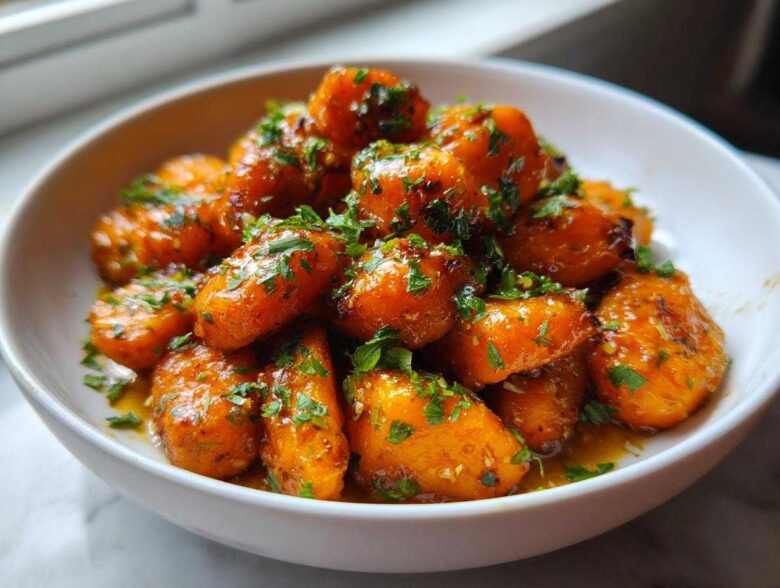 Close-up of bright orange Honey Garlic Butter Roasted Carrots coated in a sticky glaze and sprinkled with fresh parsley.