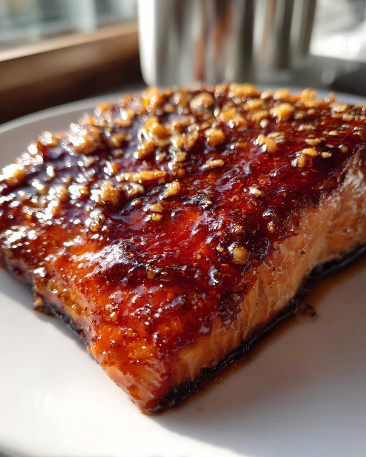A close-up of a perfectly cooked fillet of Honey Garlic Glazed Salmon with a thick, shiny, caramelized glaze and chopped garlic topping.