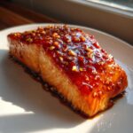 A close-up of a perfectly cooked salmon fillet topped with a thick, shiny Honey Garlic Glazed Salmon sauce and chopped nuts.