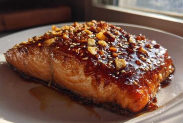Close-up of a perfectly cooked salmon fillet covered in a thick, glossy Honey Garlic Glazed Salmon sauce, topped with sesame seeds and chopped nuts.