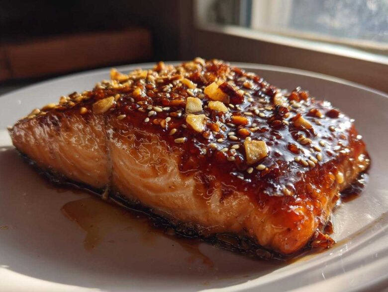 Close-up of a perfectly cooked salmon fillet covered in a thick, glossy Honey Garlic Glazed Salmon sauce, topped with sesame seeds and chopped nuts.