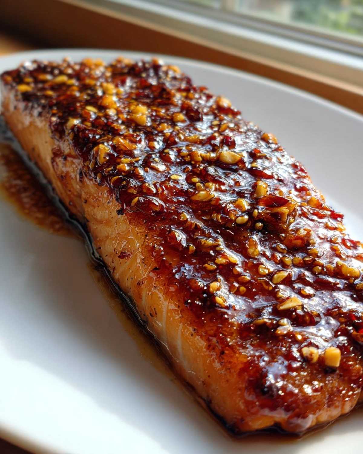 A perfectly cooked fillet of Honey Garlic Glazed Salmon, glistening with a thick, caramelized sauce and sprinkled with chopped nuts.